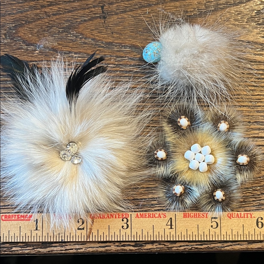 3 Vintage Fur brooches or pins handmade
